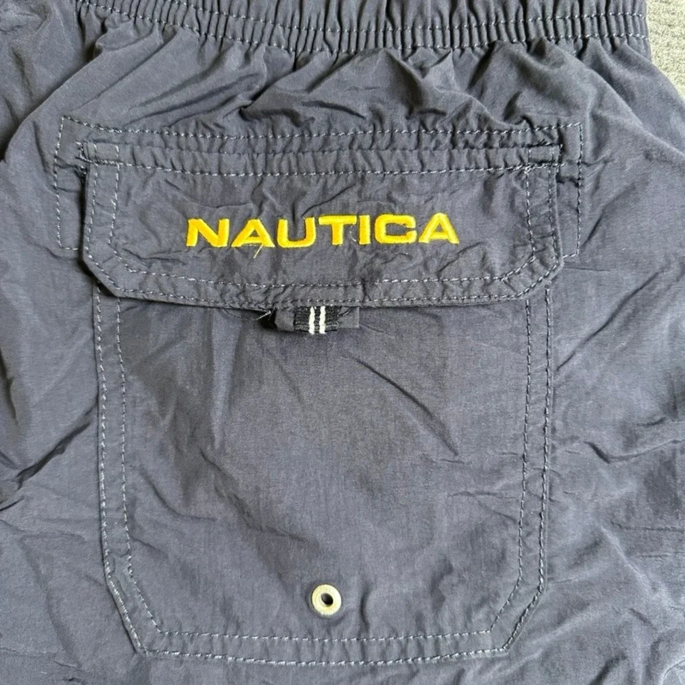 Nautica Mens Navy Blue Striped Swim Trunks Mesh Lined Board Shorts Size M